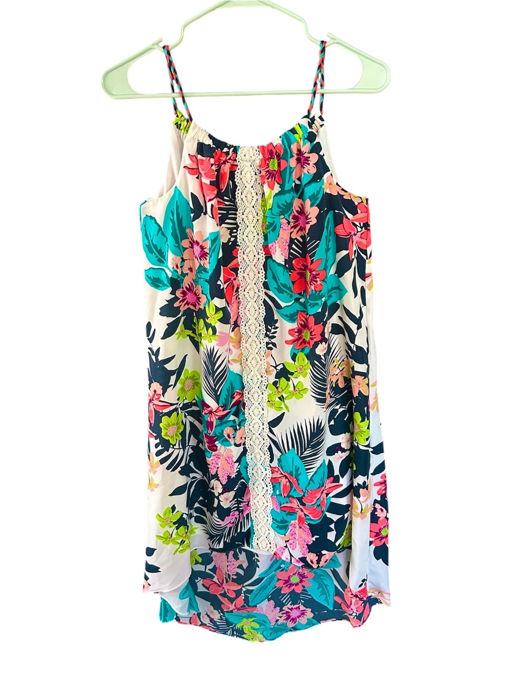 NWT Emily West Summer Floral High Low Hem White Lace Braided Straps Dress Sz 16